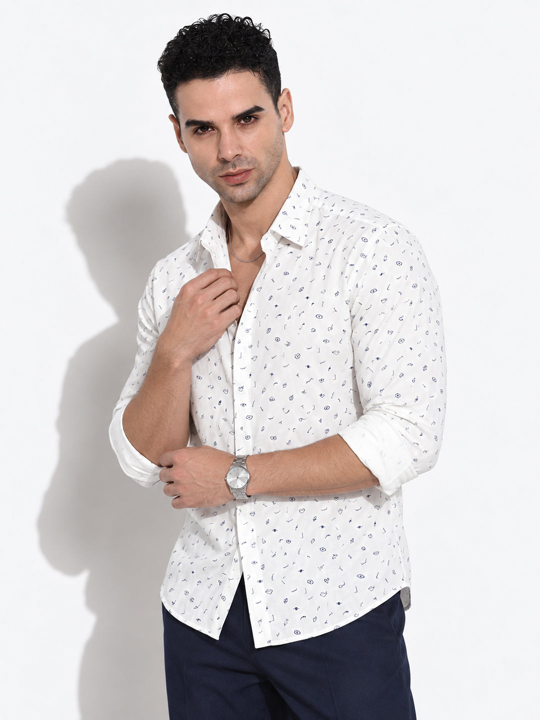 Men’s Graphic Printed White Slim Fit Long Sleeves Shirt