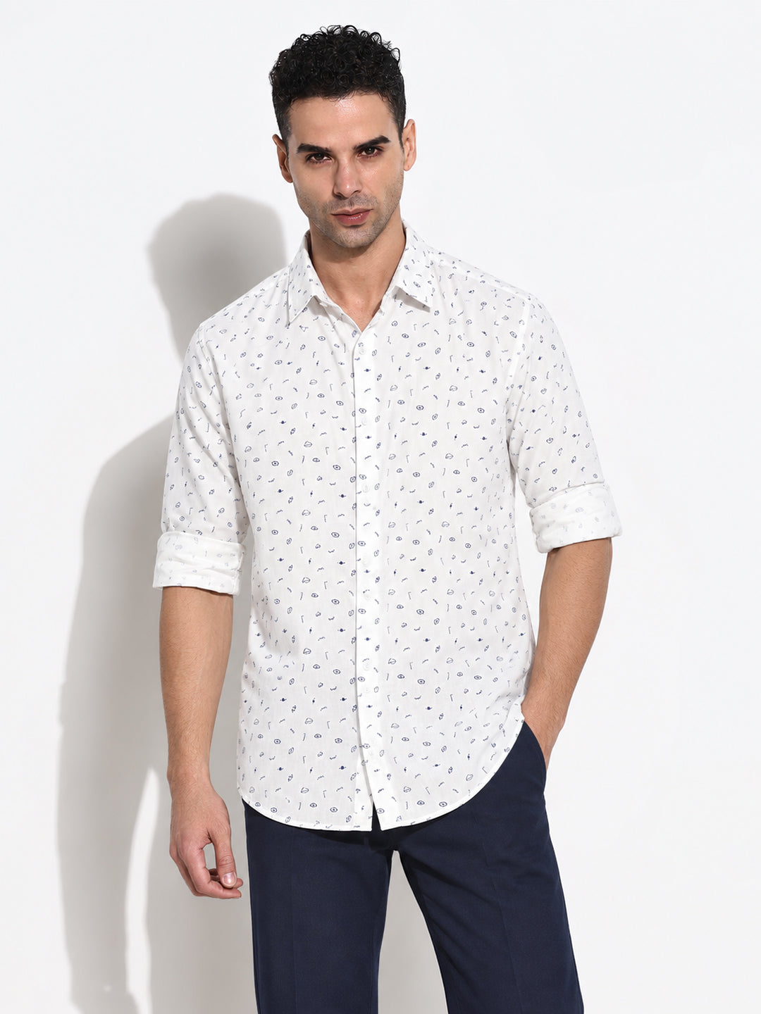 Men’s Graphic Printed White Slim Fit Long Sleeves Shirt