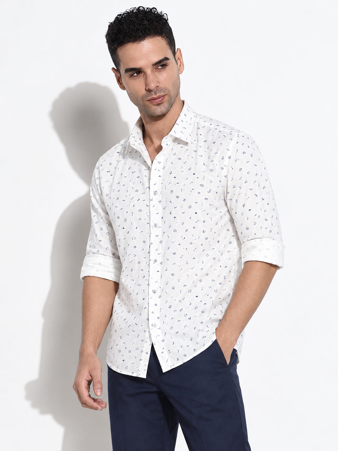 Men’s Graphic Printed White Slim Fit Long Sleeves Shirt