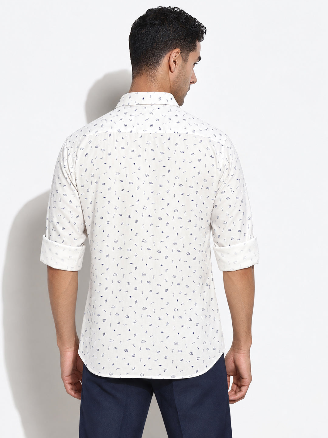 Men’s Graphic Printed White Slim Fit Long Sleeves Shirt