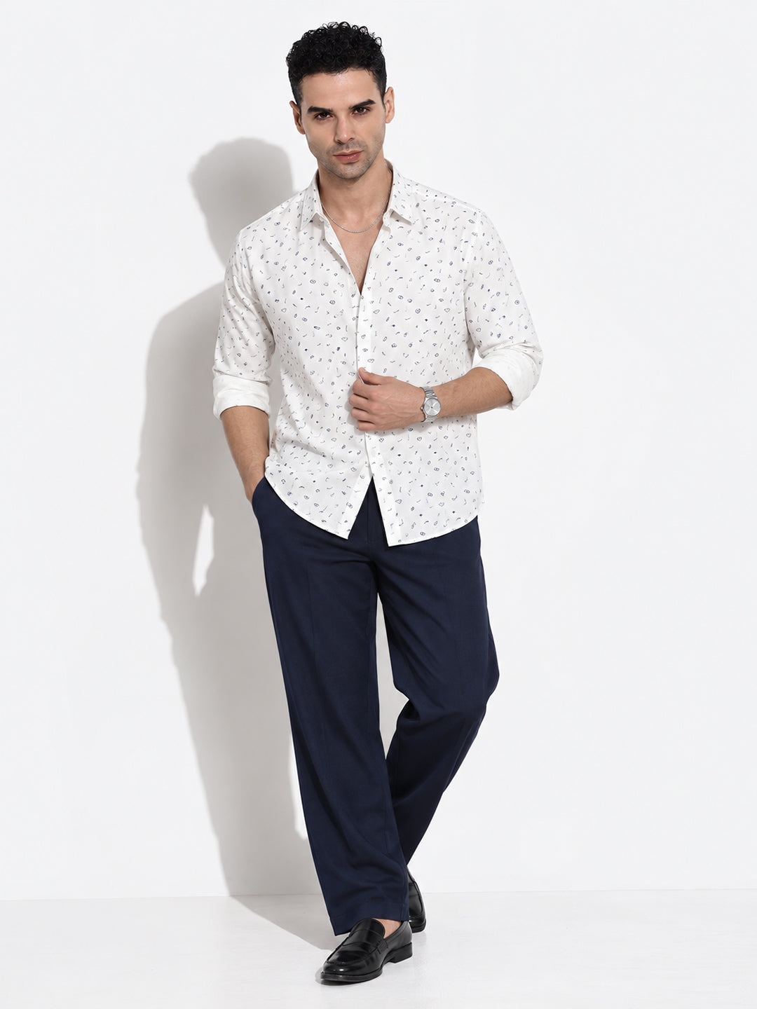 Men’s Graphic Printed White Slim Fit Long Sleeves Shirt