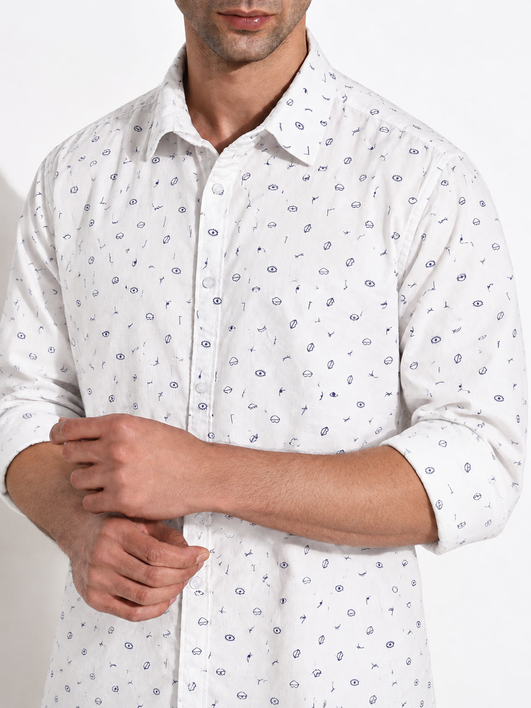 Men’s Graphic Printed White Slim Fit Long Sleeves Shirt