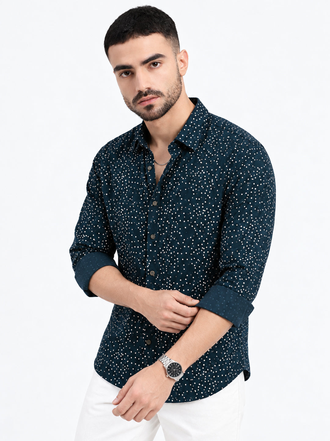 Men’s Polka Dot Printed Blue Slim Fit Long Sleeves Shirt