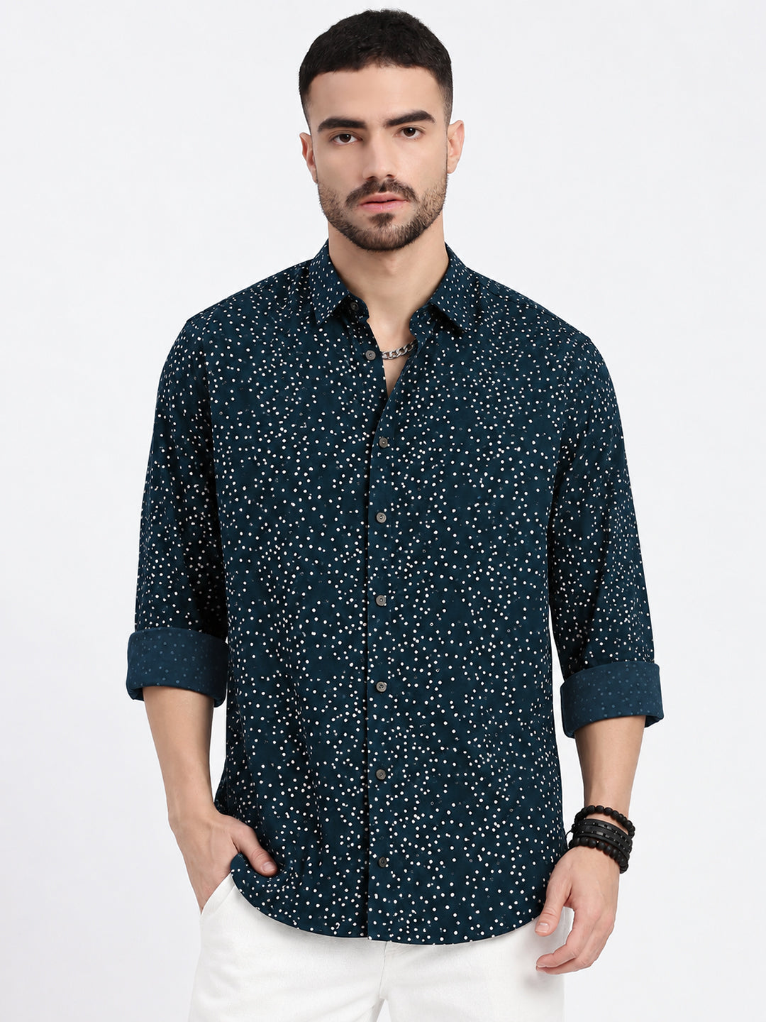 Men’s Polka Dot Printed Blue Slim Fit Long Sleeves Shirt