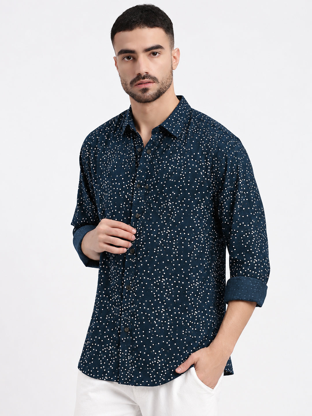 Men’s Polka Dot Printed Blue Slim Fit Long Sleeves Shirt