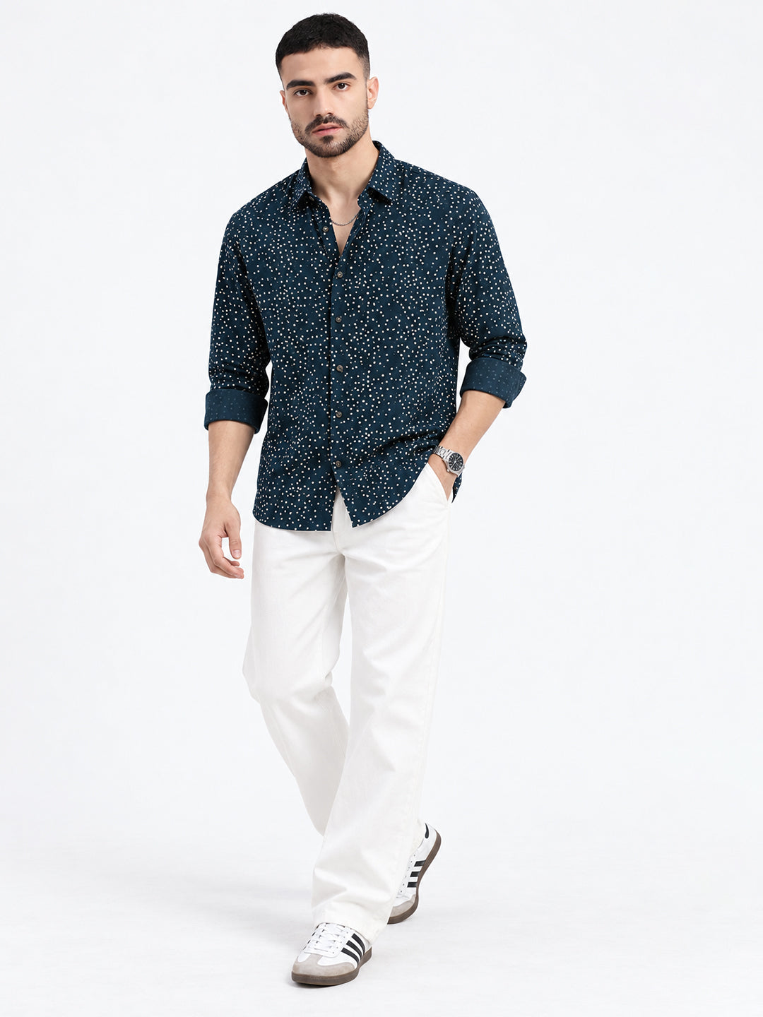 Men’s Polka Dot Printed Blue Slim Fit Long Sleeves Shirt