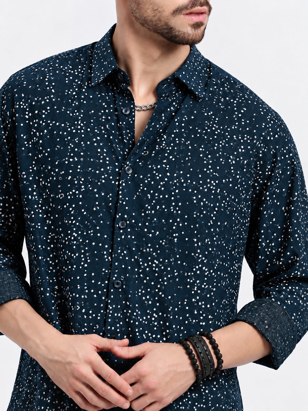 Men’s Polka Dot Printed Blue Slim Fit Long Sleeves Shirt