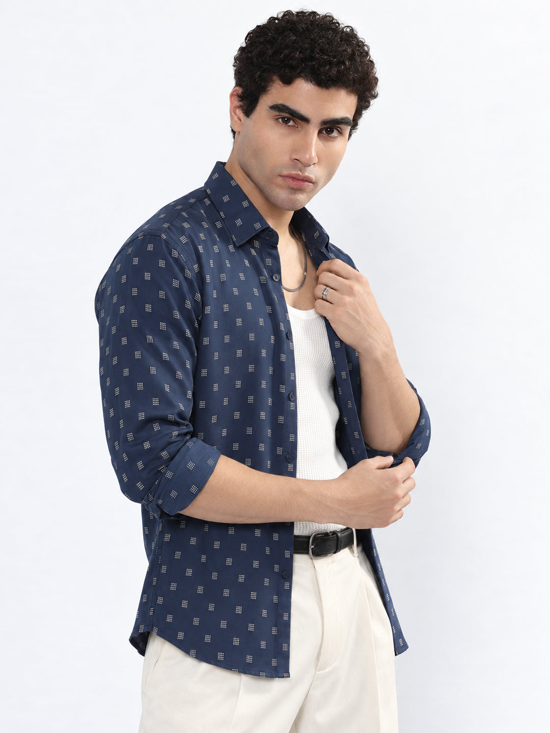 Men’s Geometric Printed Navy Blue Slim Fit Long Sleeves Shirt