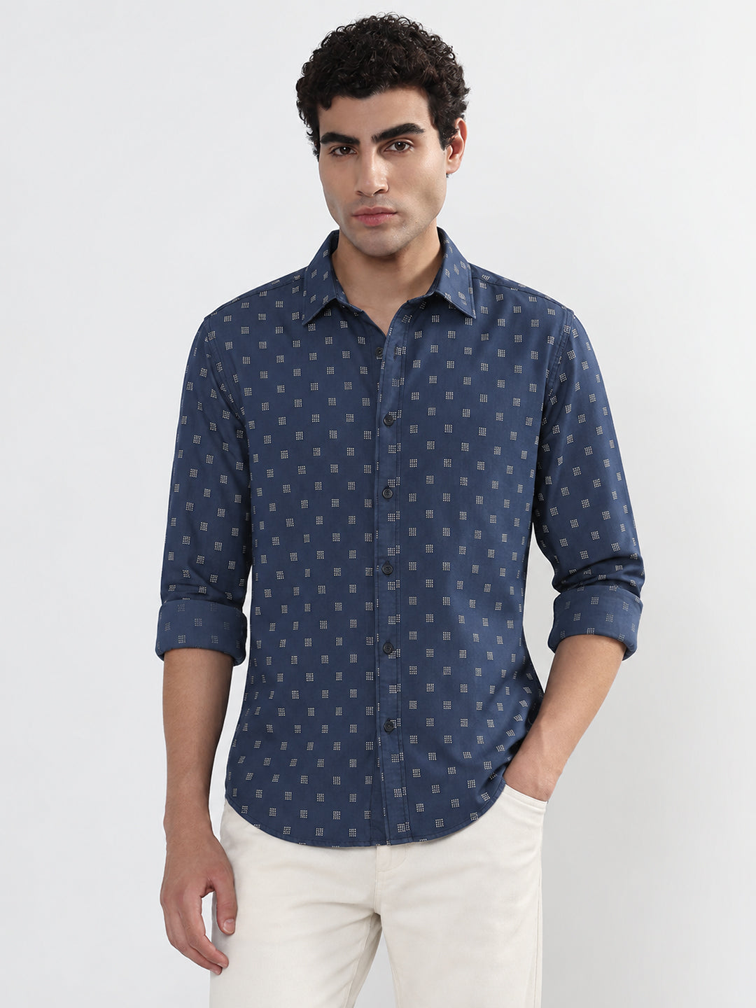 Men’s Geometric Printed Navy Blue Slim Fit Long Sleeves Shirt