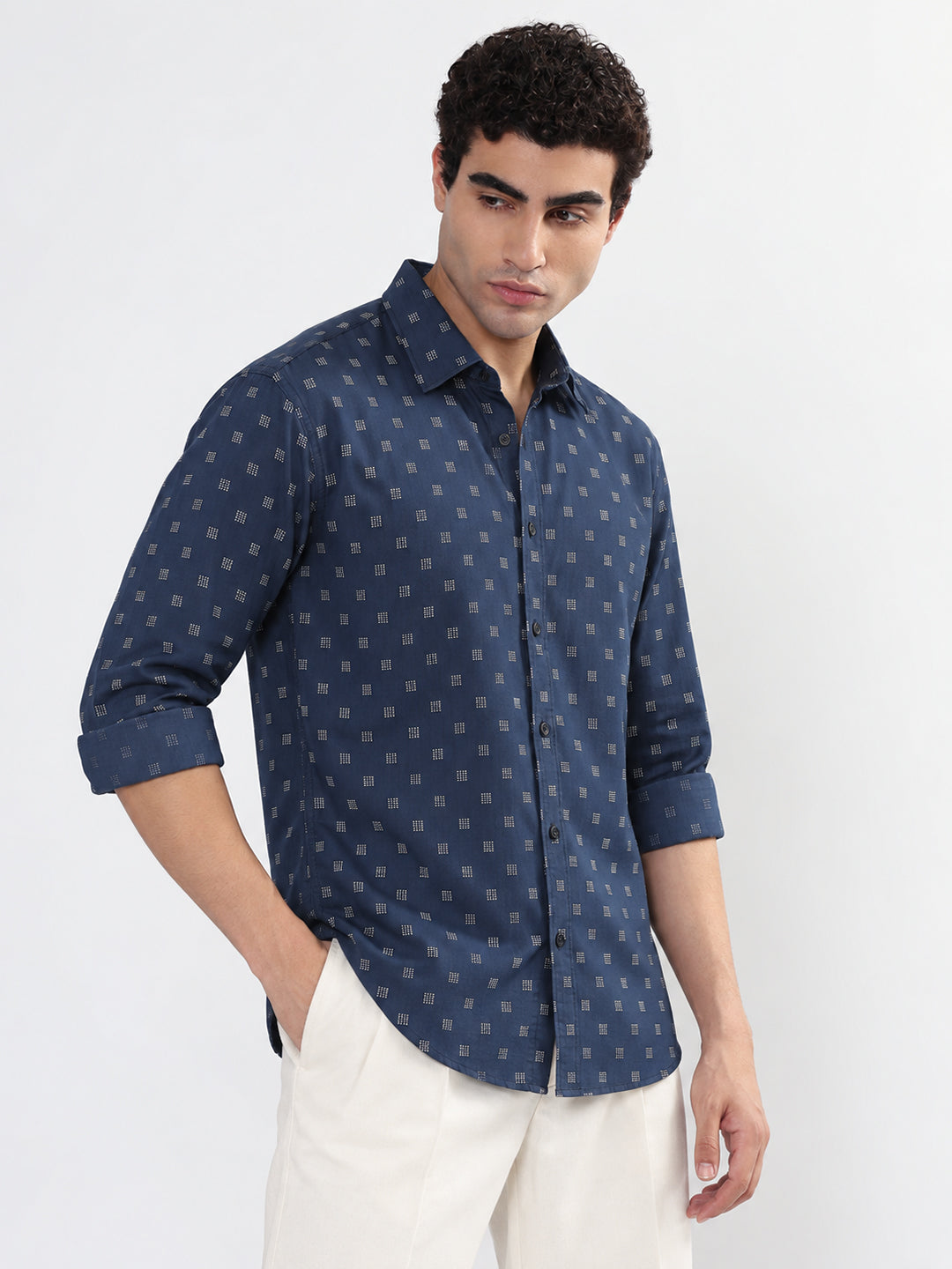 Men’s Geometric Printed Navy Blue Slim Fit Long Sleeves Shirt