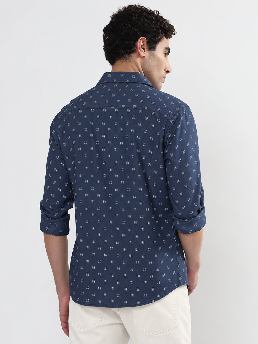 Men’s Geometric Printed Navy Blue Slim Fit Long Sleeves Shirt