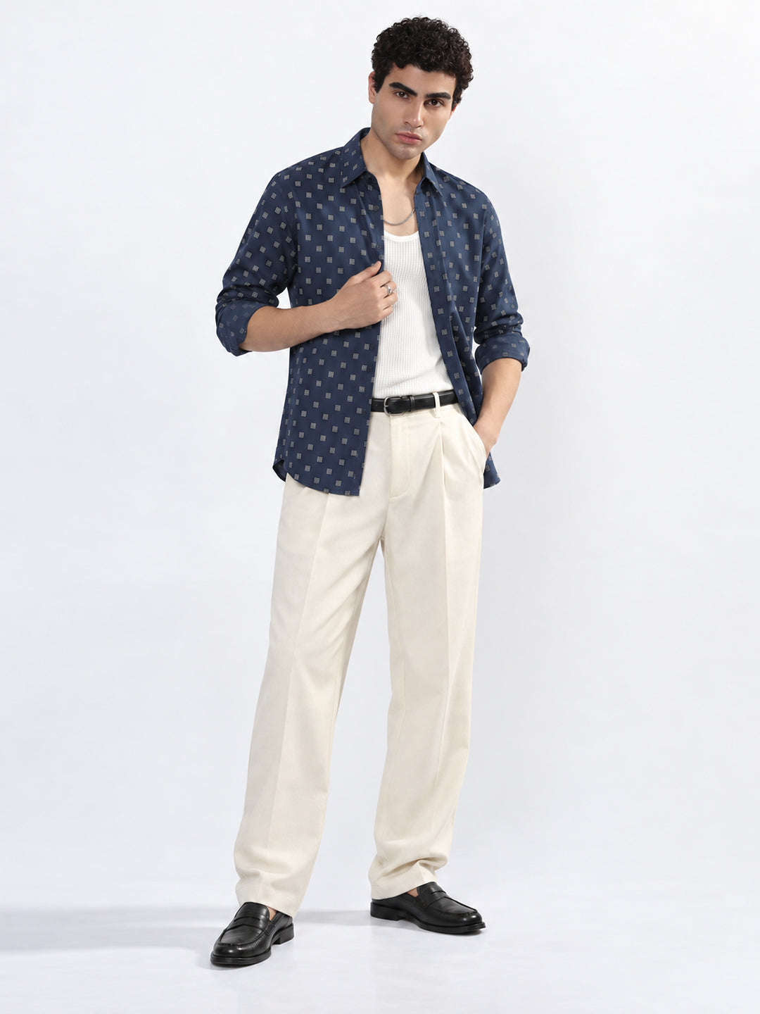 Men’s Geometric Printed Navy Blue Slim Fit Long Sleeves Shirt