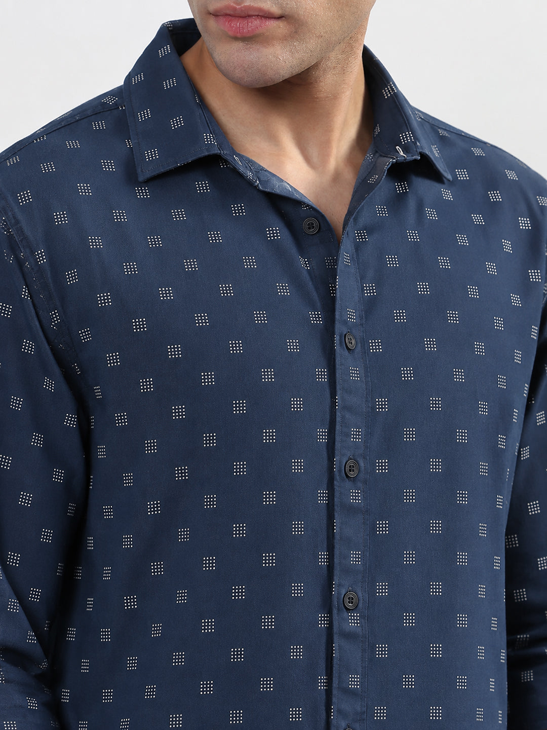 Men’s Geometric Printed Navy Blue Slim Fit Long Sleeves Shirt