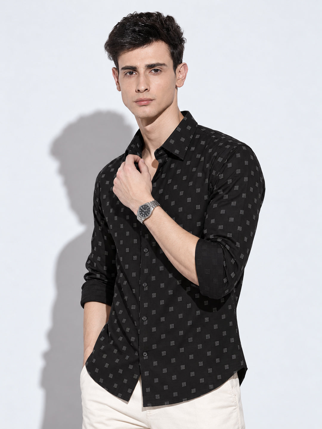 Men’s Micro Geometric Printed Black Slim Fit Shirt