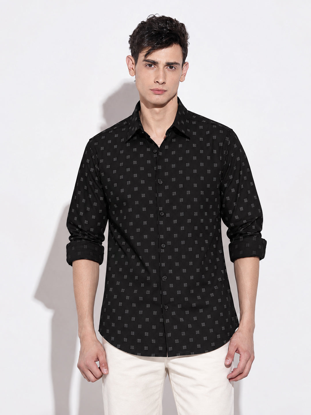 Men’s Micro Geometric Printed Black Slim Fit Shirt