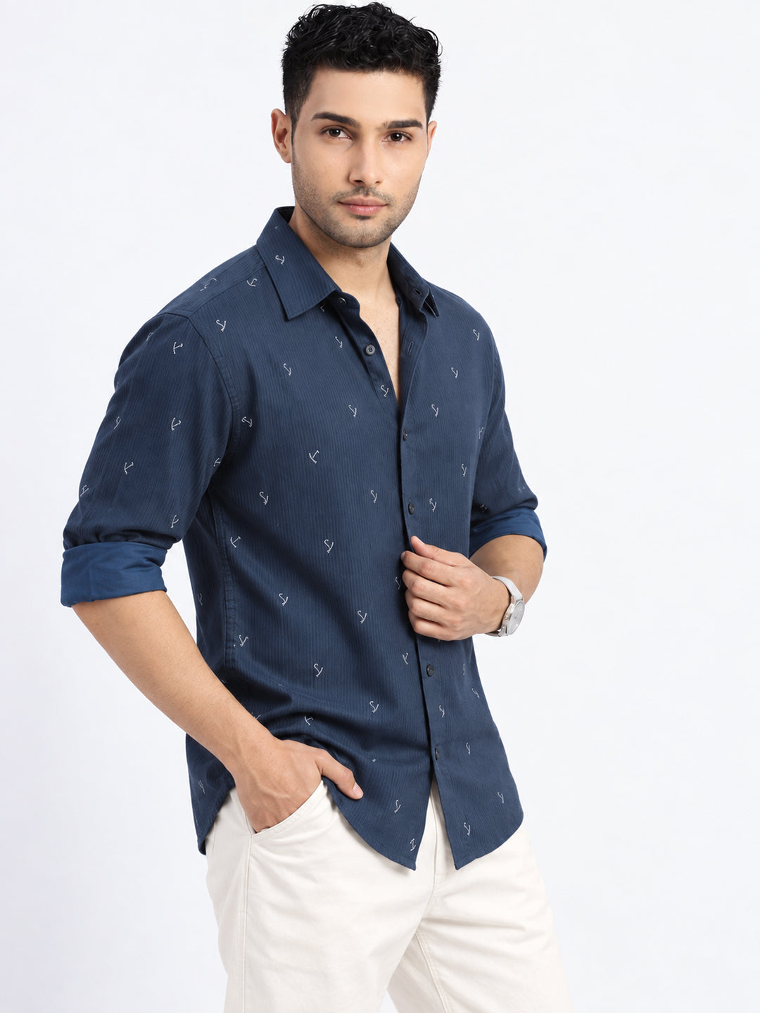 Men’s Graphic Printed Navy Blue Regular Fit Shirt