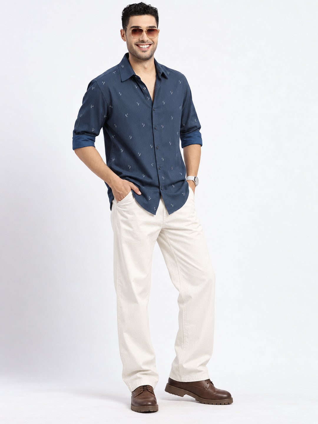 Men’s Graphic Printed Navy Blue Regular Fit Shirt