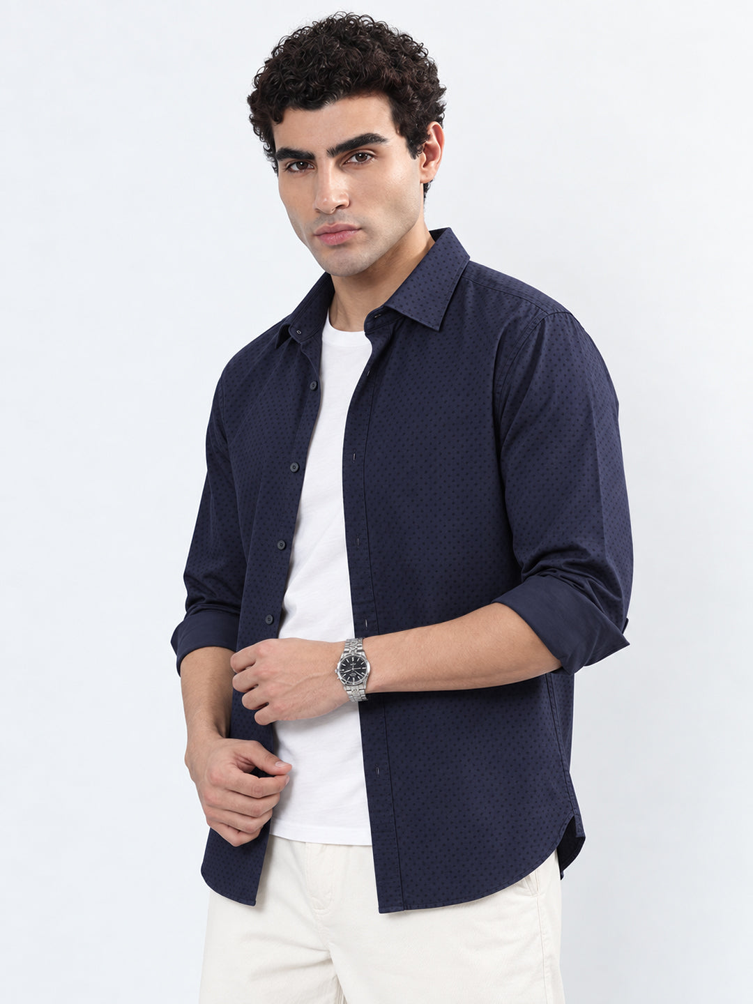 Men’s Printed Navy Blue Slim Fit Long Sleeves Shirt