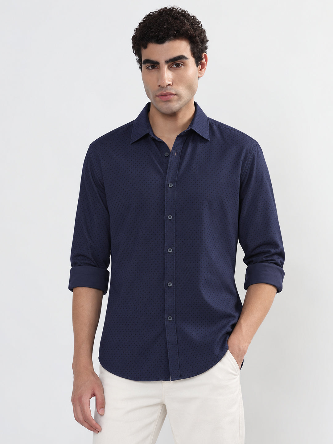 Men’s Printed Navy Blue Slim Fit Long Sleeves Shirt