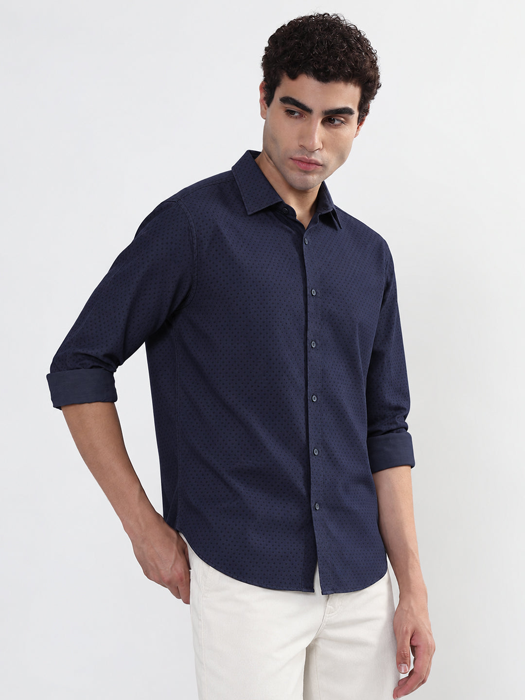 Men’s Printed Navy Blue Slim Fit Long Sleeves Shirt
