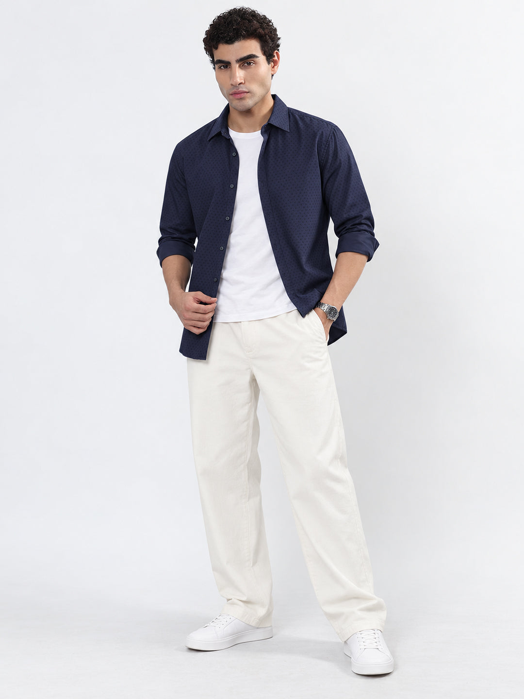 Men’s Printed Navy Blue Slim Fit Long Sleeves Shirt