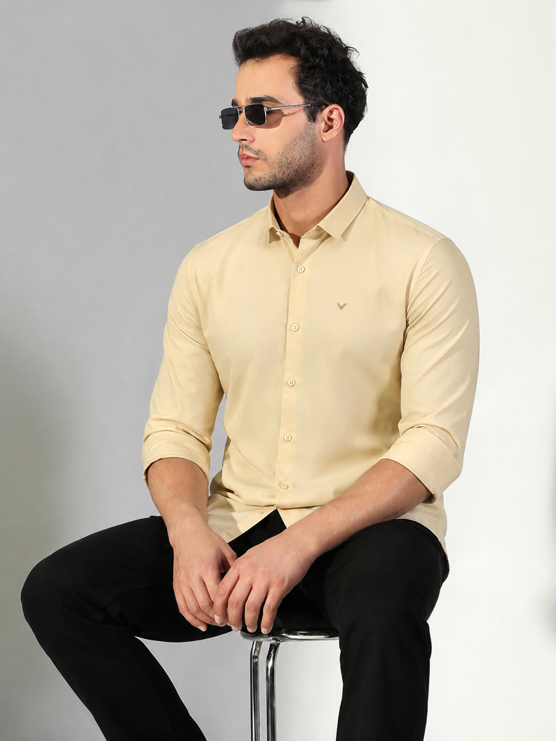 Men’s Yellow Slim Fit Long Sleeves Shirt with Spread Collar
