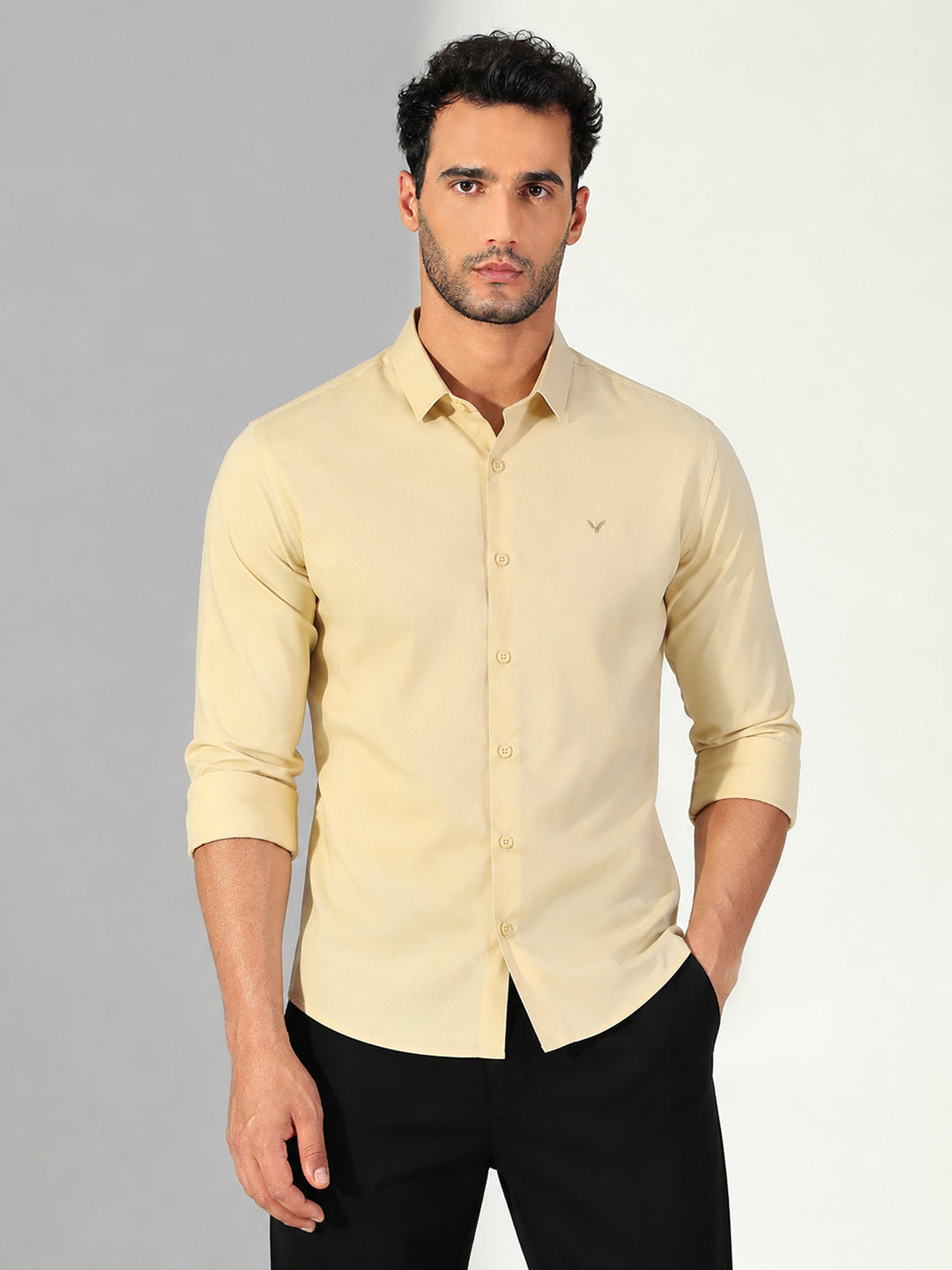 Men’s Yellow Slim Fit Long Sleeves Shirt with Spread Collar