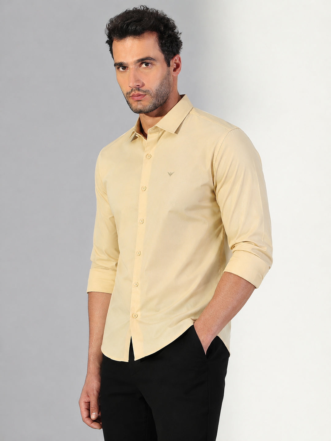 Men’s Yellow Slim Fit Long Sleeves Shirt with Spread Collar
