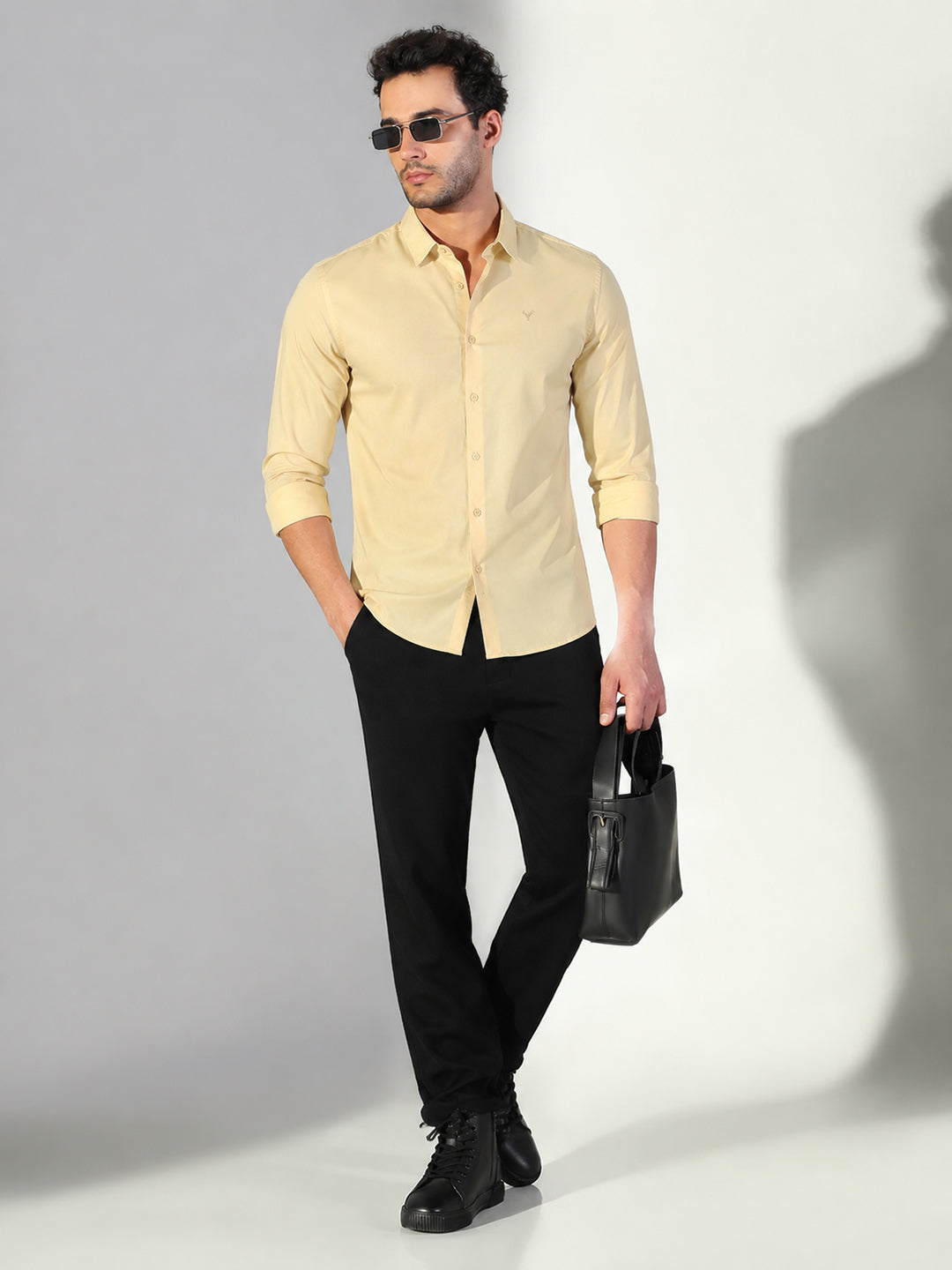 Men’s Yellow Slim Fit Long Sleeves Shirt with Spread Collar