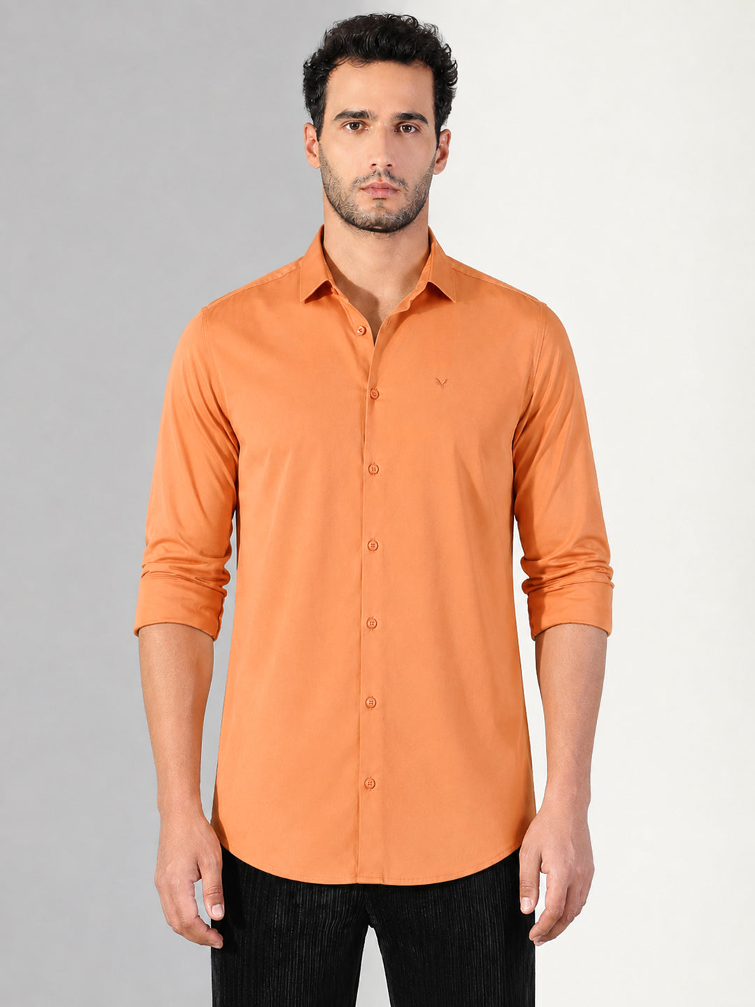 Men’s Orange Slim Fit Long Sleeves Shirt with Spread Collar