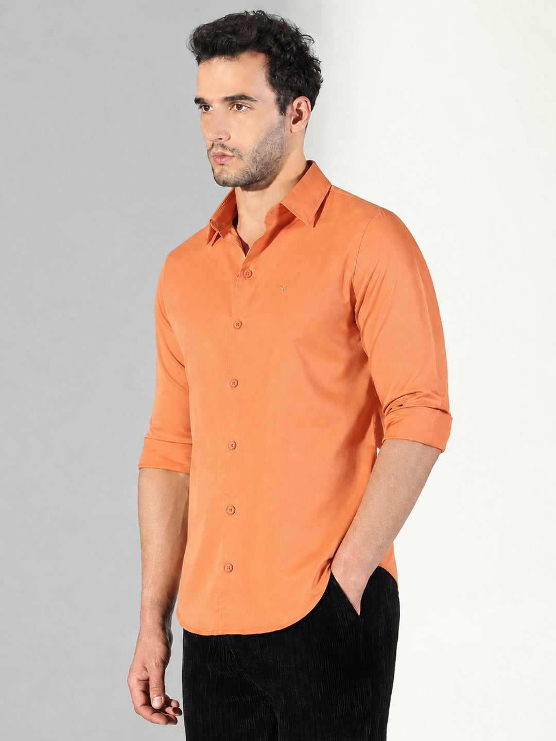 Men’s Orange Slim Fit Long Sleeves Shirt with Spread Collar