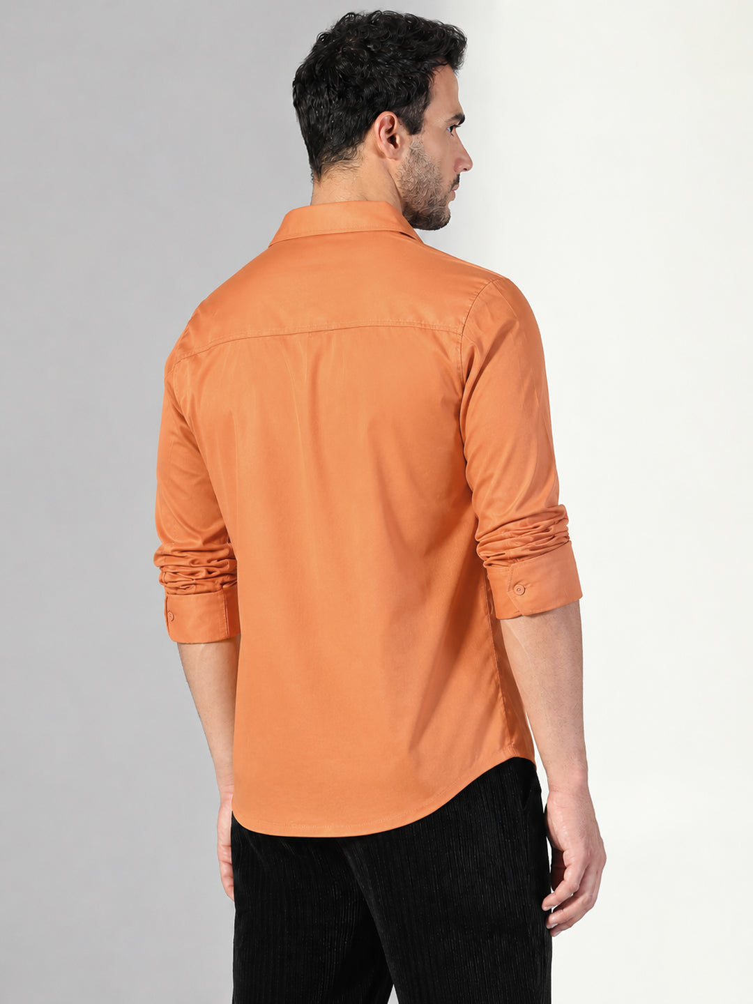 Men’s Orange Slim Fit Long Sleeves Shirt with Spread Collar