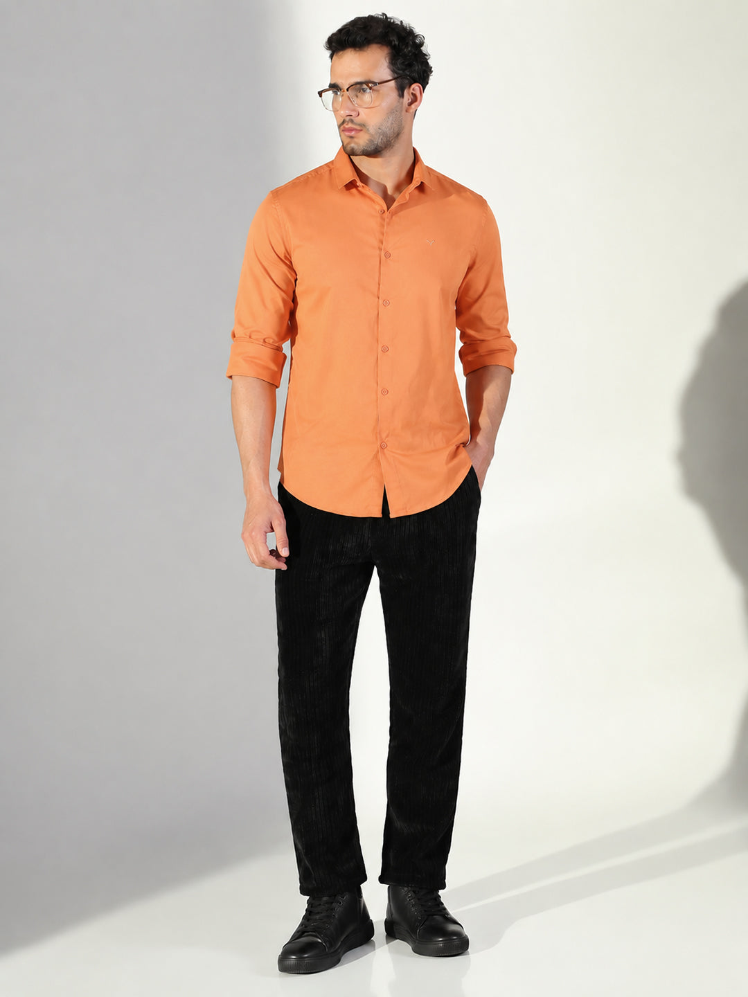 Men’s Orange Slim Fit Long Sleeves Shirt with Spread Collar