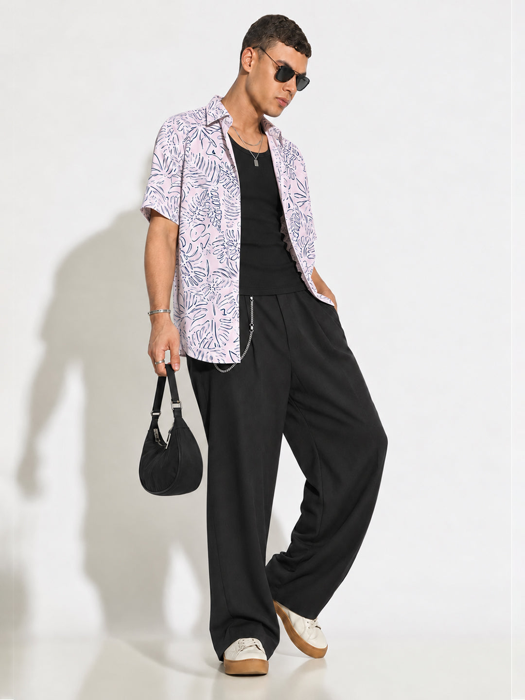 Men’s Tropical Leaf Printed Pink Short Sleeves Shirt with Spread Collar