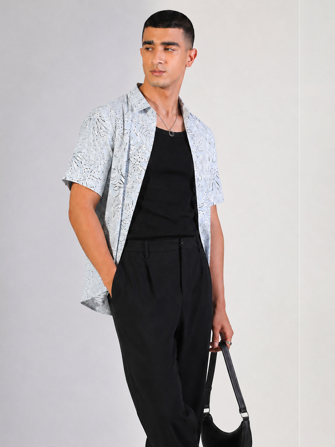 Men's  Tropical Printed Grey Short Sleeves Shirt with Spread Collar