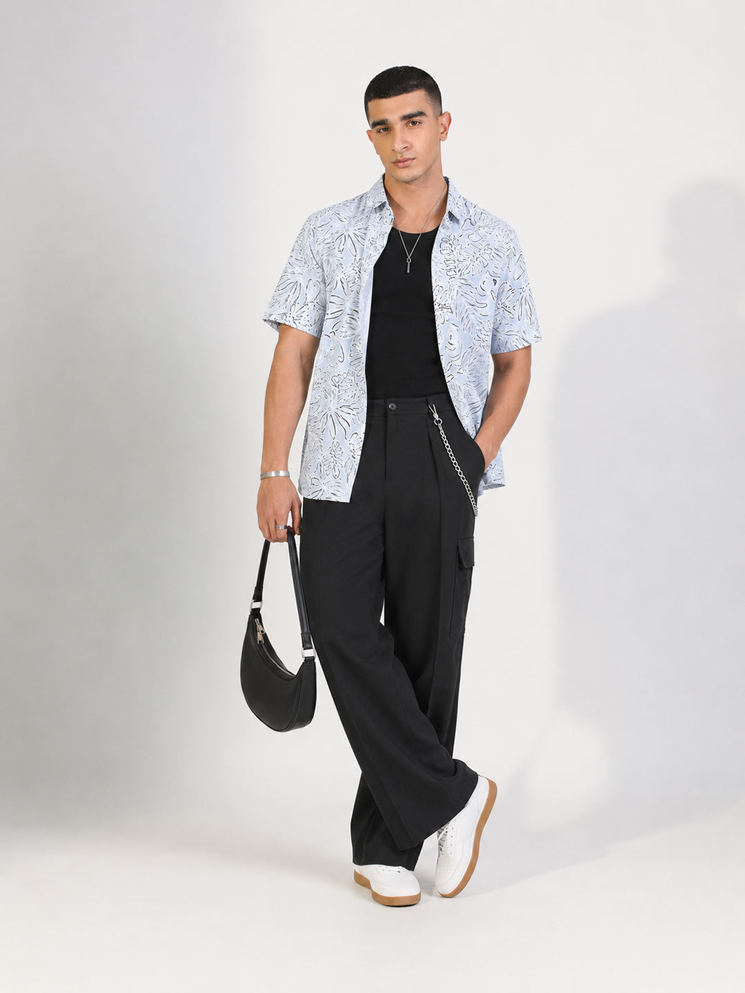 Men's  Tropical Printed Grey Short Sleeves Shirt with Spread Collar