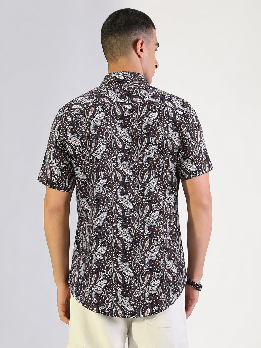 Men’s Paisley Printed Navy Blue Short Sleeves Shirt with Spread Collar