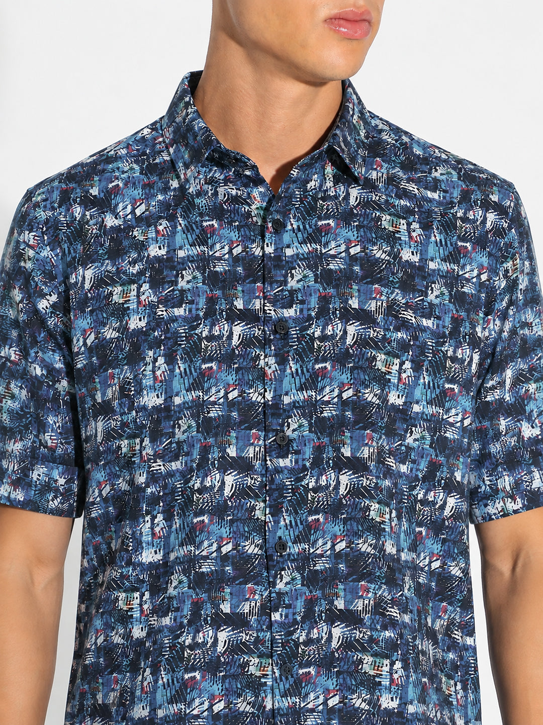 Men’s Printed Blue Regular Fit Short Sleeves Shirt with Spread Collar