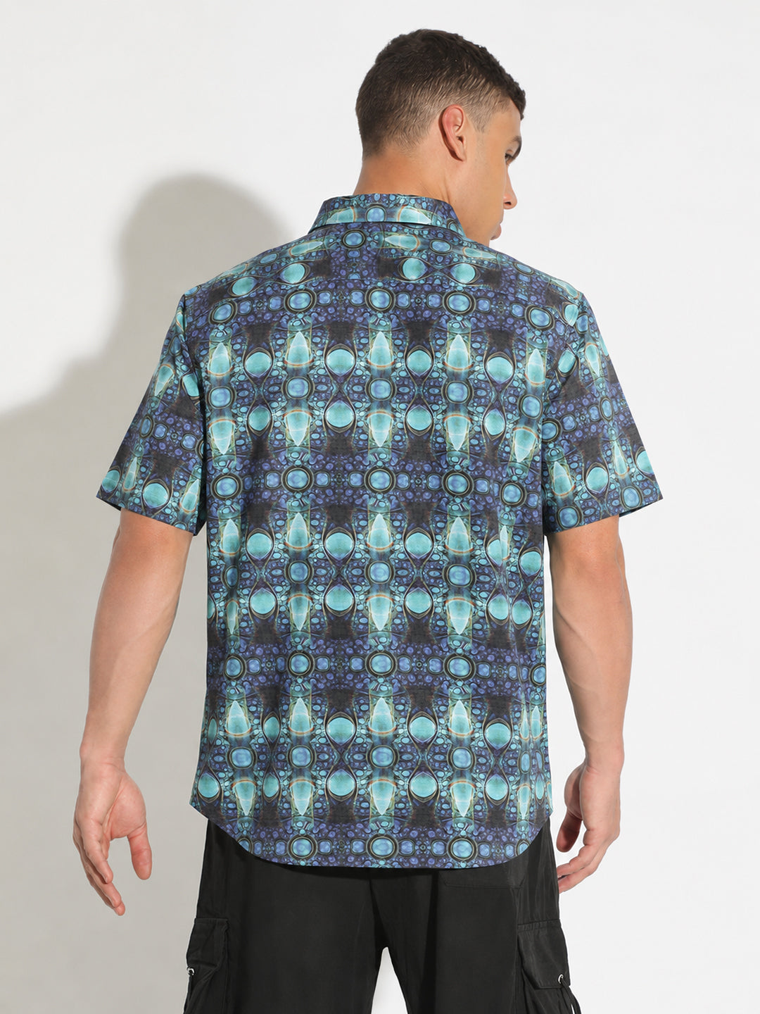 Men’s Abstract Printed Blue Regular Fit Short Sleeves Shirt with Spread Collar