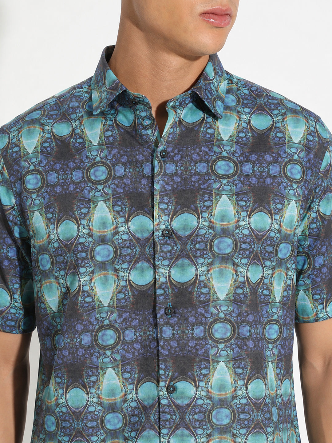 Men’s Abstract Printed Blue Regular Fit Short Sleeves Shirt with Spread Collar