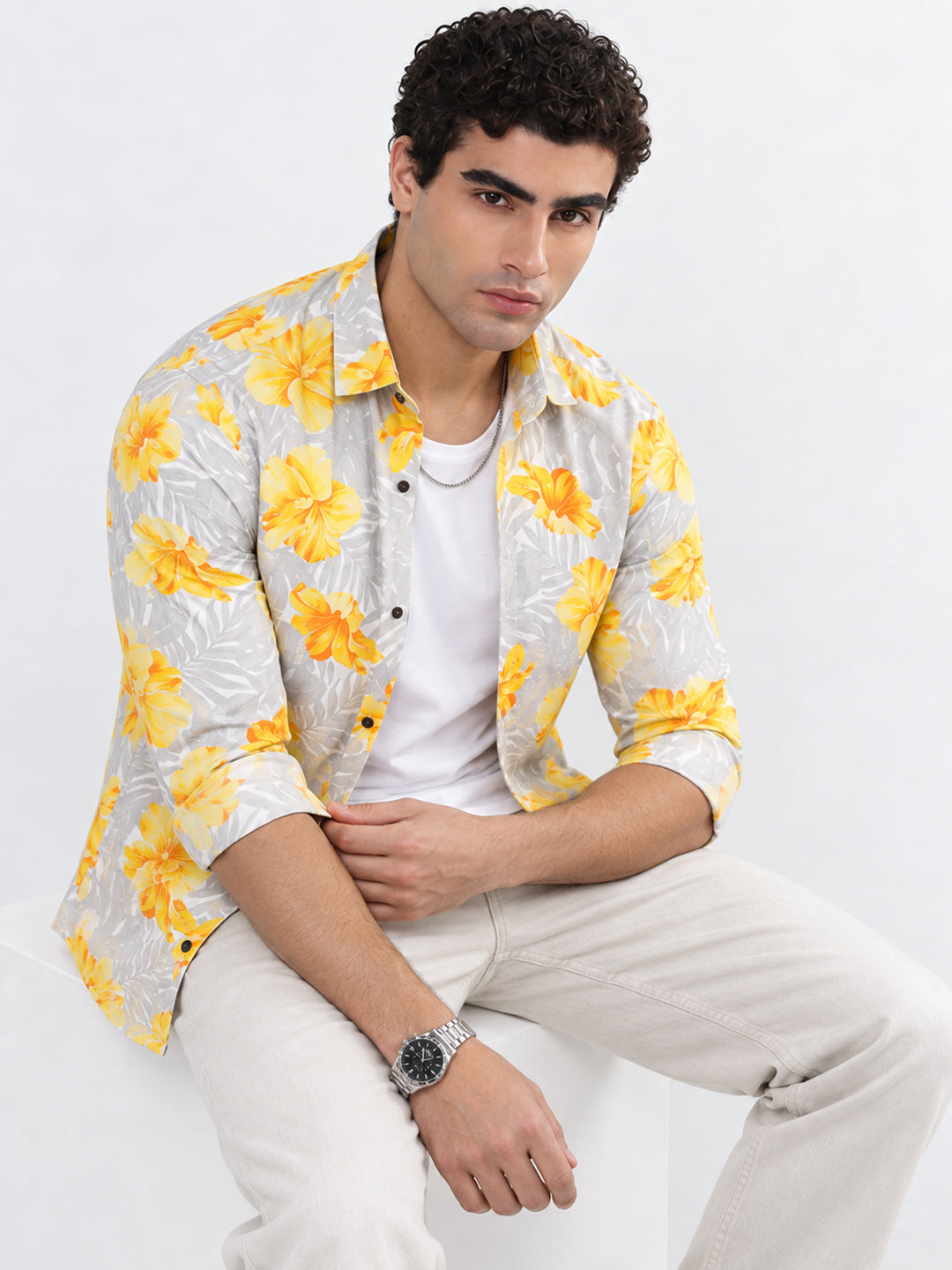 Men’s Floral Print Grey Slim Fit Long Sleeve Casual Shirt