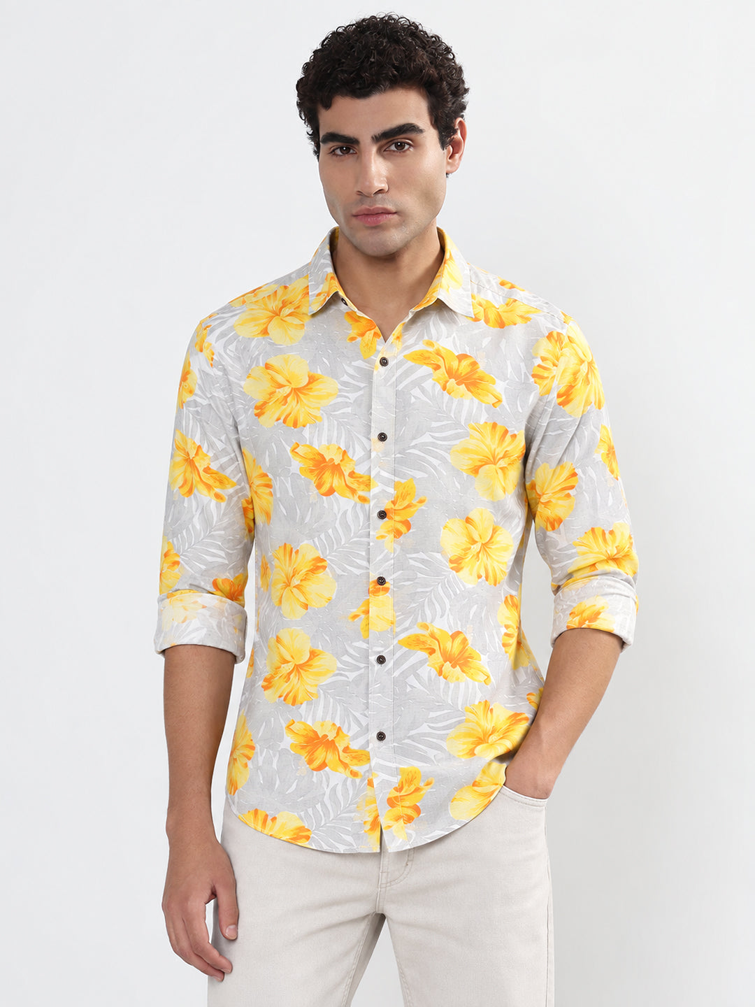 Men’s Floral Print Grey Slim Fit Long Sleeve Casual Shirt