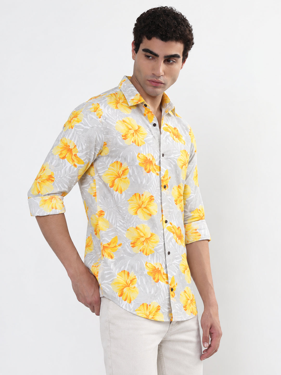 Men’s Floral Print Grey Slim Fit Long Sleeve Casual Shirt