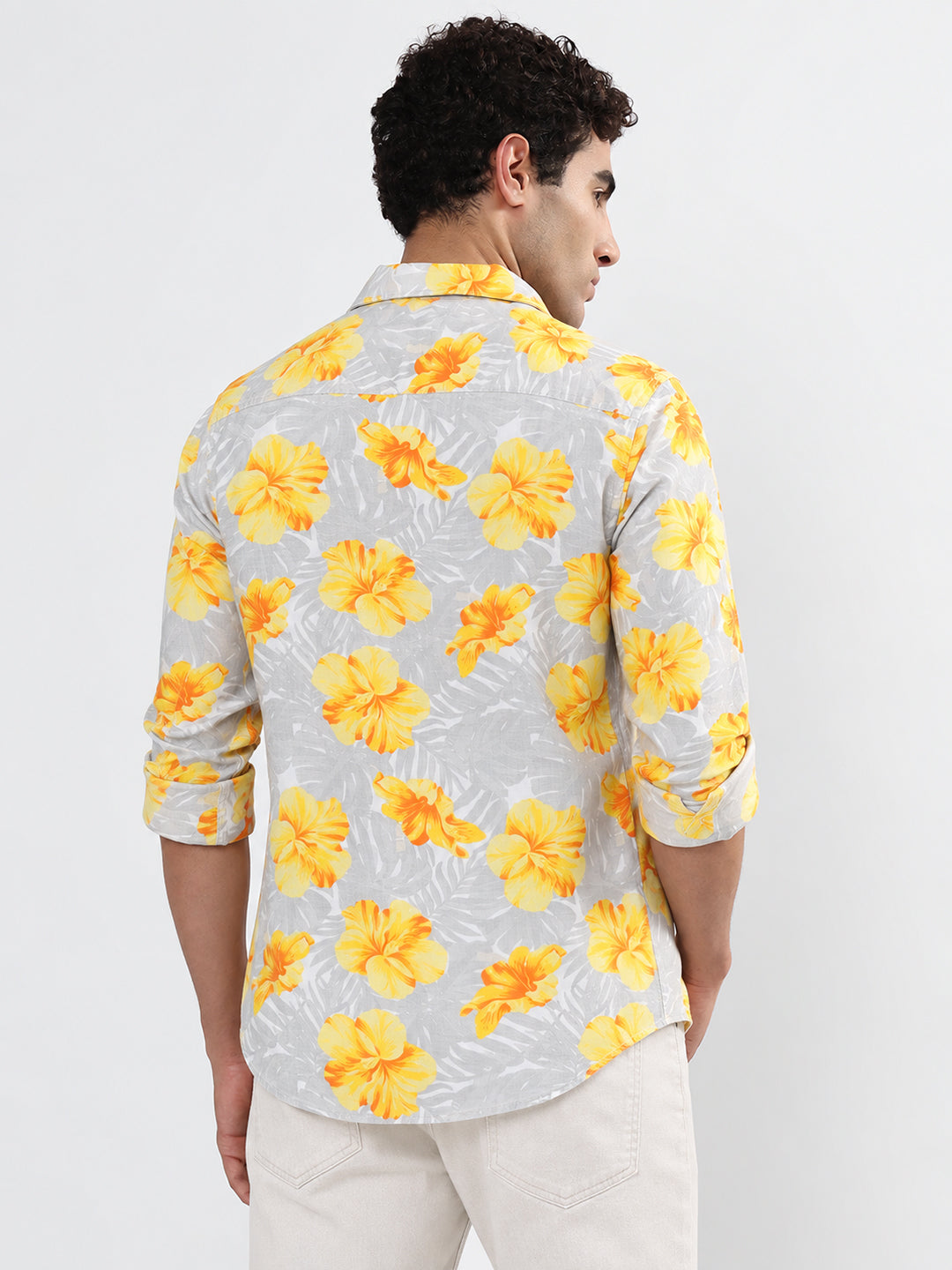 Men’s Floral Print Grey Slim Fit Long Sleeve Casual Shirt