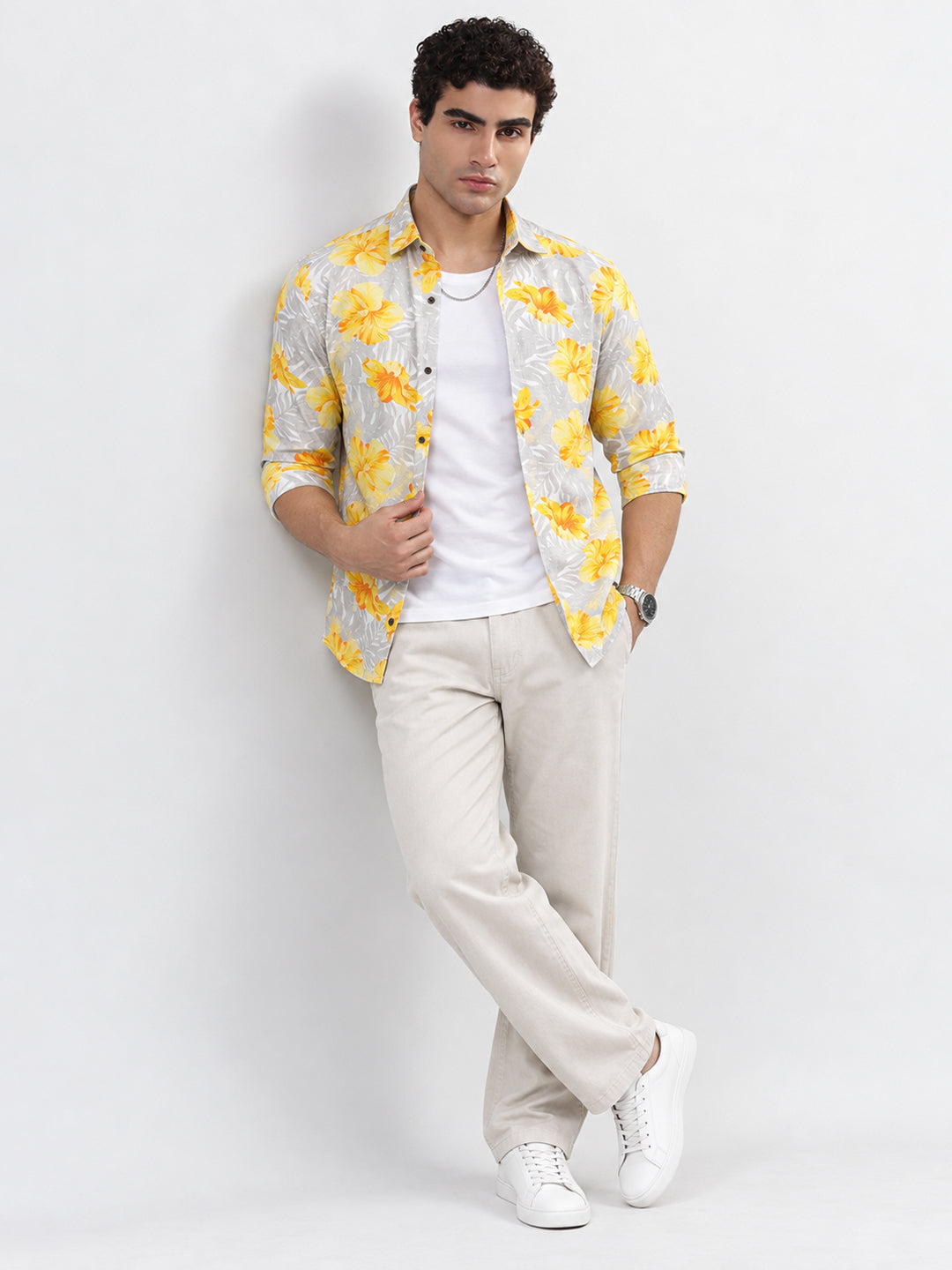 Men’s Floral Print Grey Slim Fit Long Sleeve Casual Shirt