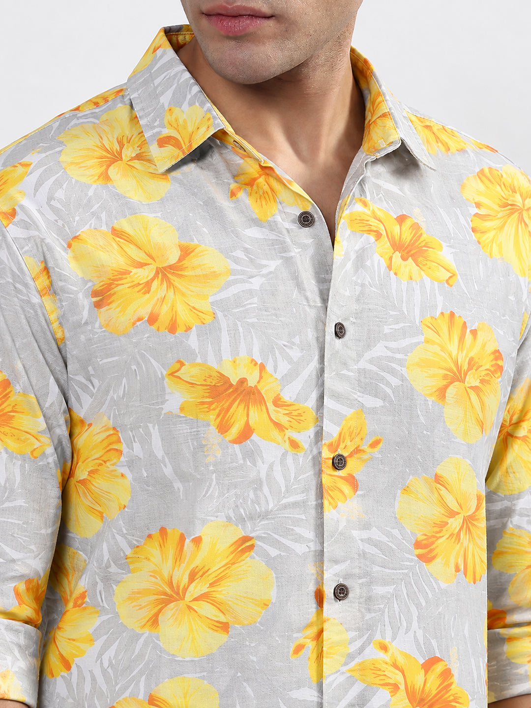 Men’s Floral Print Grey Slim Fit Long Sleeve Casual Shirt