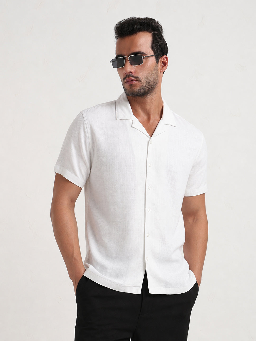 Men’s White Relaxed Fit Short Sleeves Shirt with Cuban Collar