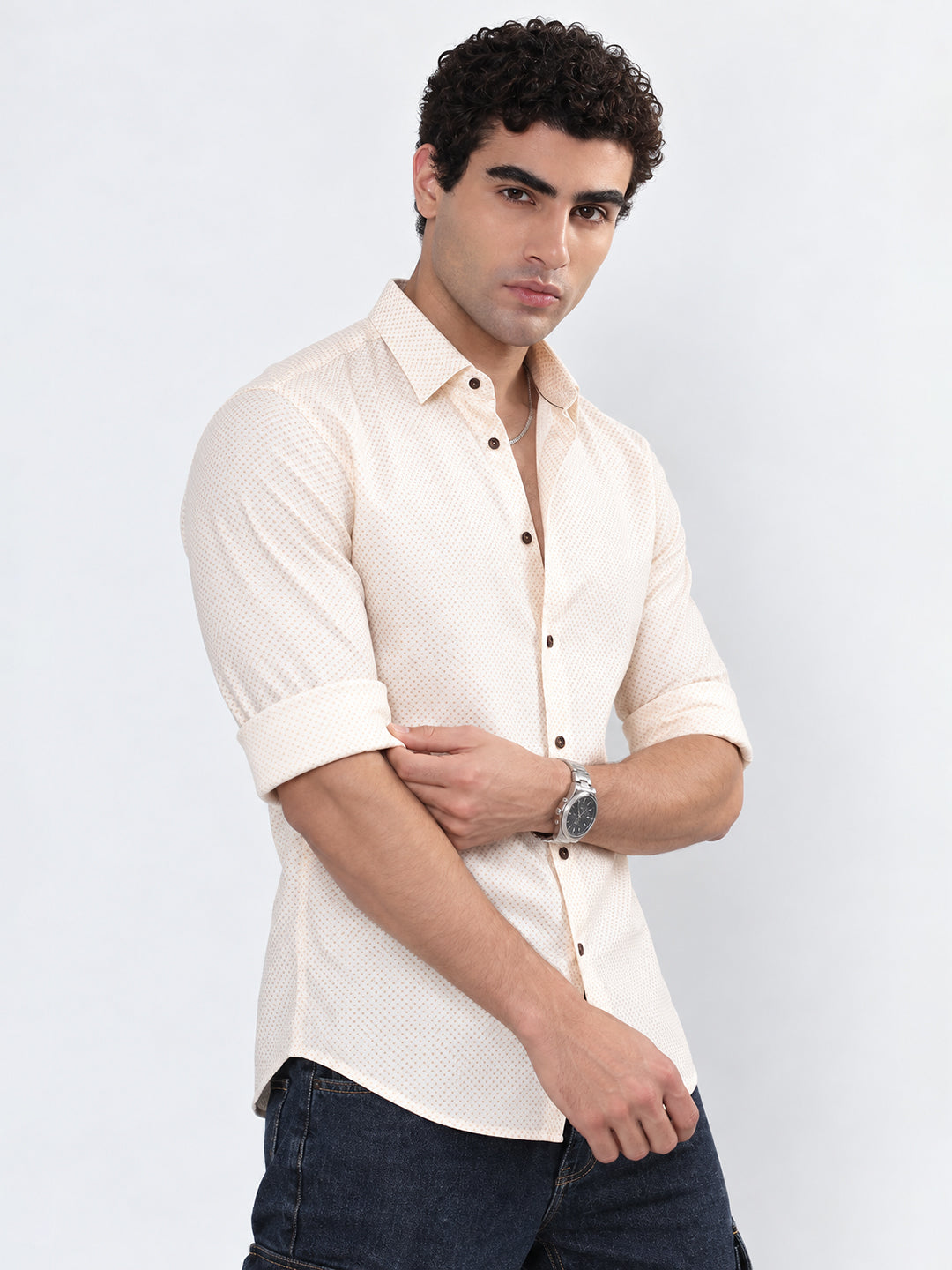 Men’s Geometric Printed Cream Slim Fit Long Sleeves Casual Shirt