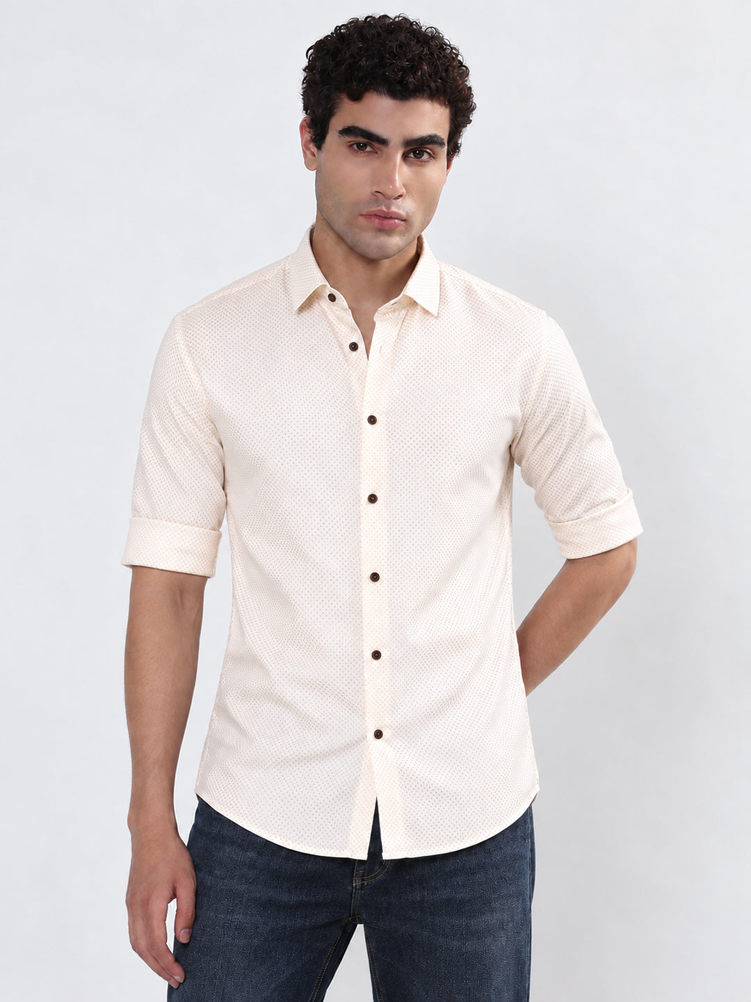 Men’s Geometric Printed Cream Slim Fit Long Sleeves Casual Shirt