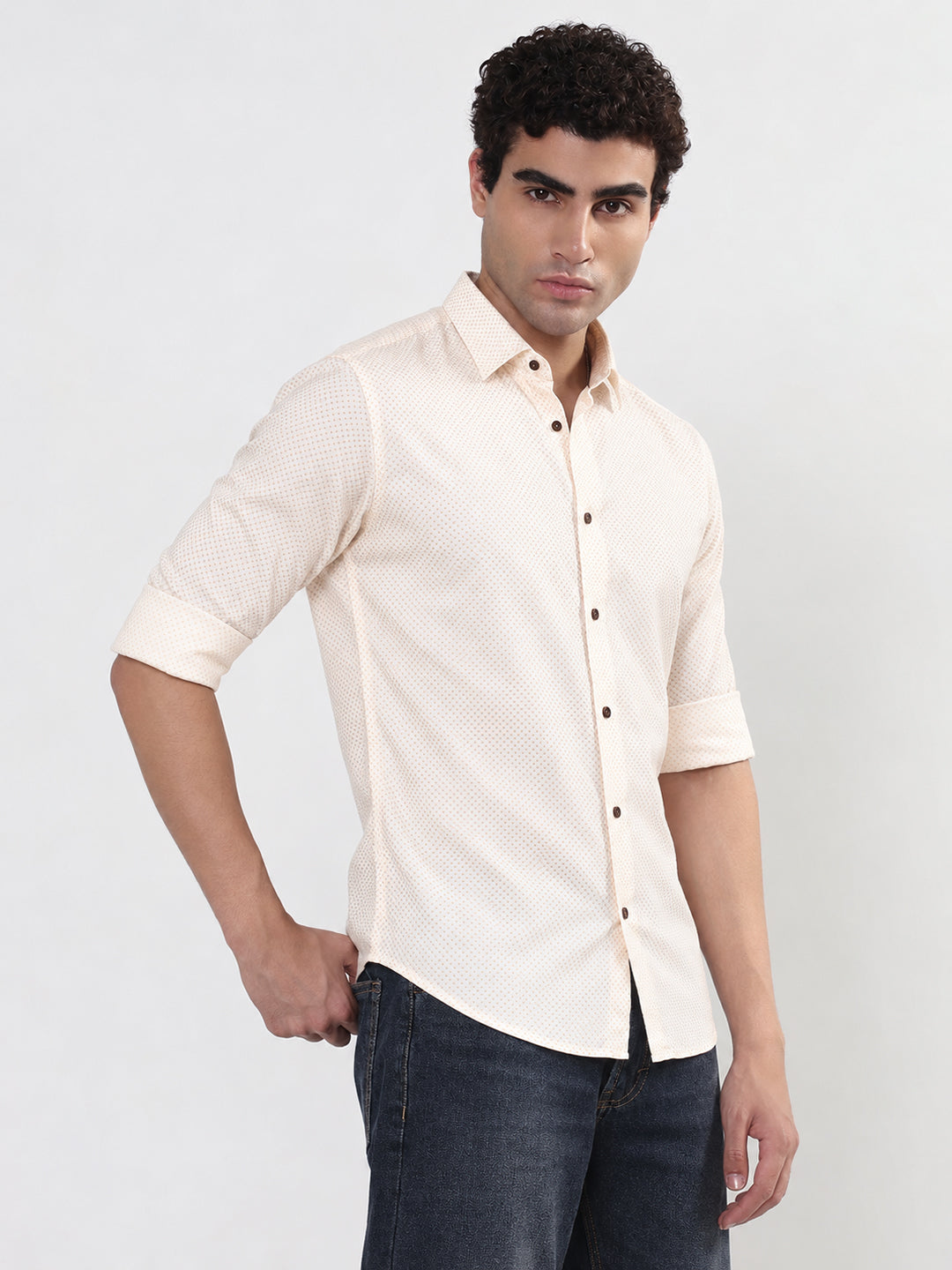 Men’s Geometric Printed Cream Slim Fit Long Sleeves Casual Shirt